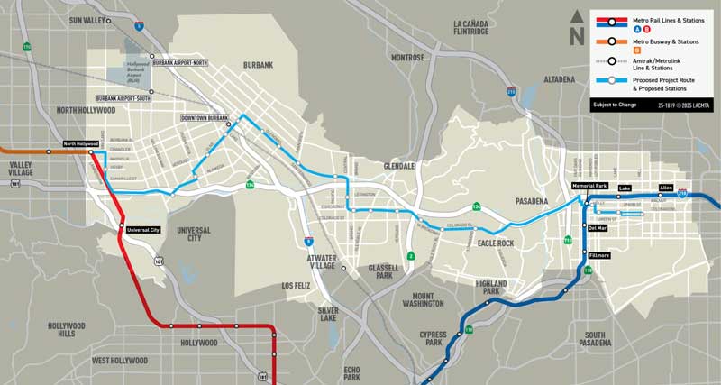 Static map of the Metro North Hollywood to Pasadena Bus Rapid Transit Project