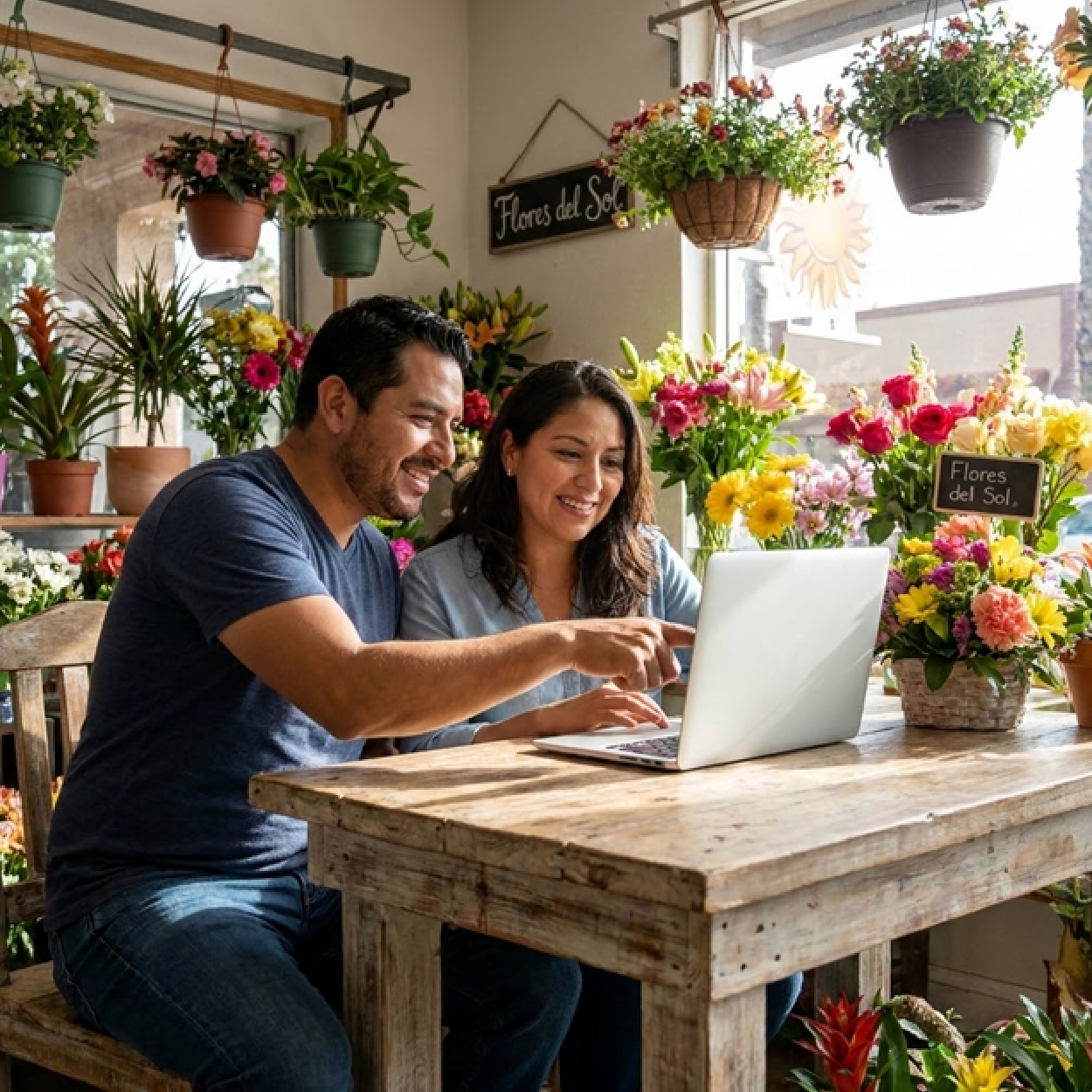 Two people in a flower shop working on a laptop.