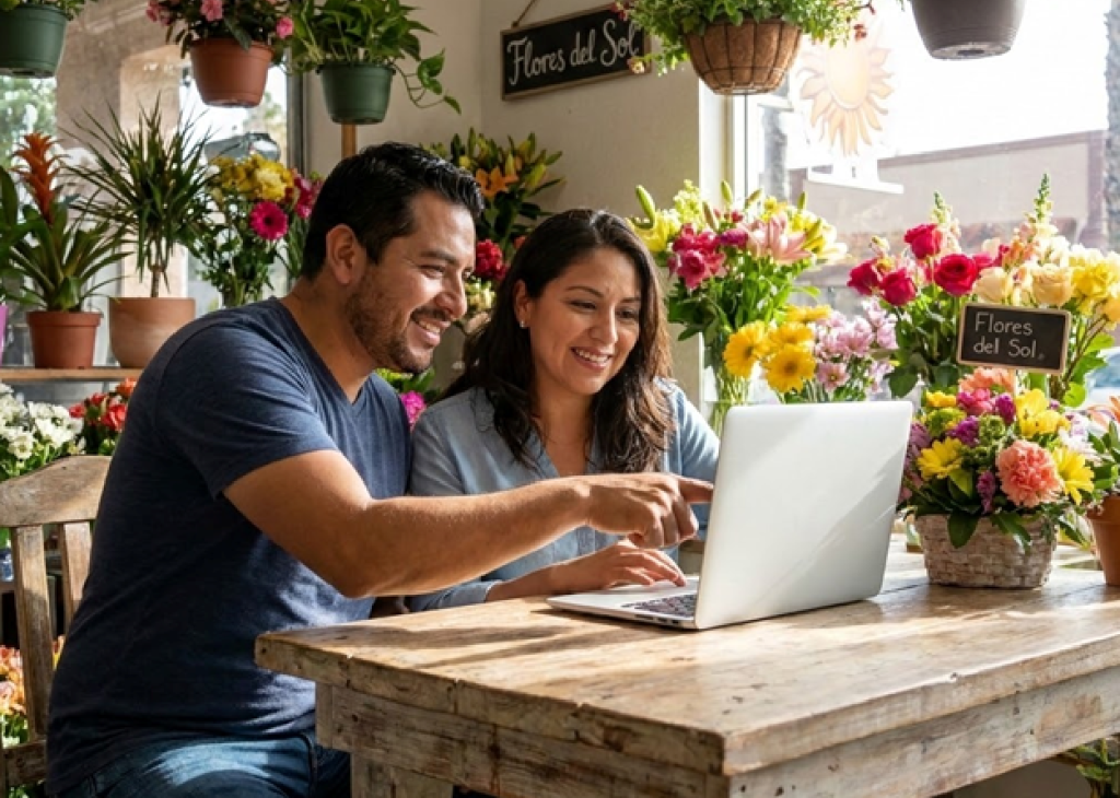 Two people in a flower shop working on a laptop.